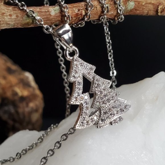 Hypoallergenic Rhodium Platinum White Topaz diamond cut Pave Pine Tree - Picture 1 of 8